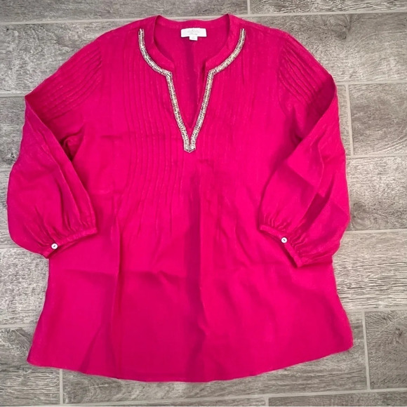 Charter Club Women’s Linen Pleated Tunic Top Size Large Embellished Pink Resort - Picture 1 of 6